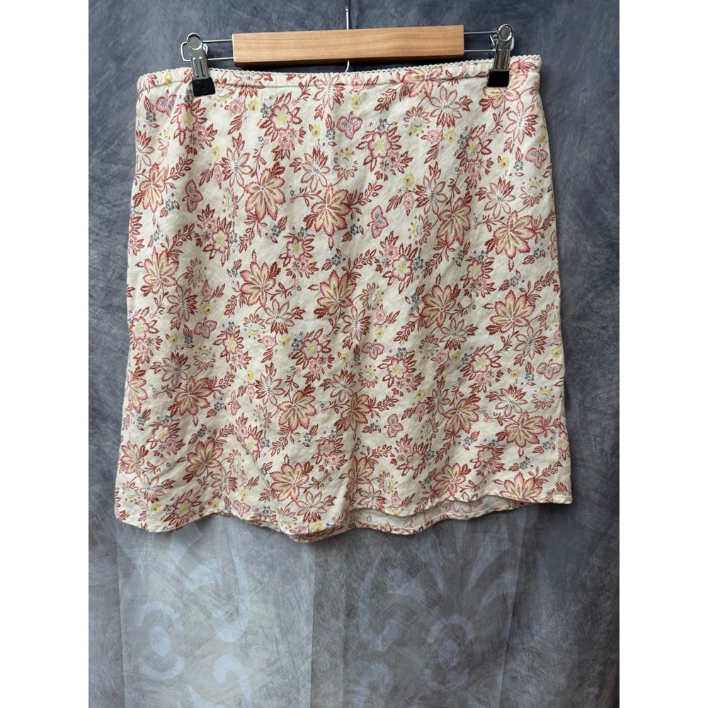 J. Jill Floral Linen Skirt Petite Large Red Pink Ivory Lace Trim A-Line LP